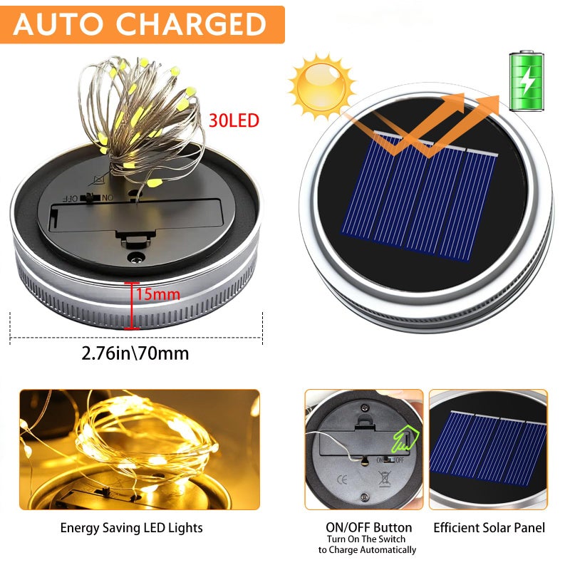 VOOKRY 6 Pack Solar Mason Jar Lights for Outside, 30 LED Solar Mason Jar Lids Fairy Lights with 6 Hangers(No Jars) Outdoor Waterproof for DIY Patio Garden Yard Lawn Party Wedding Decoration Warm White - Image 2